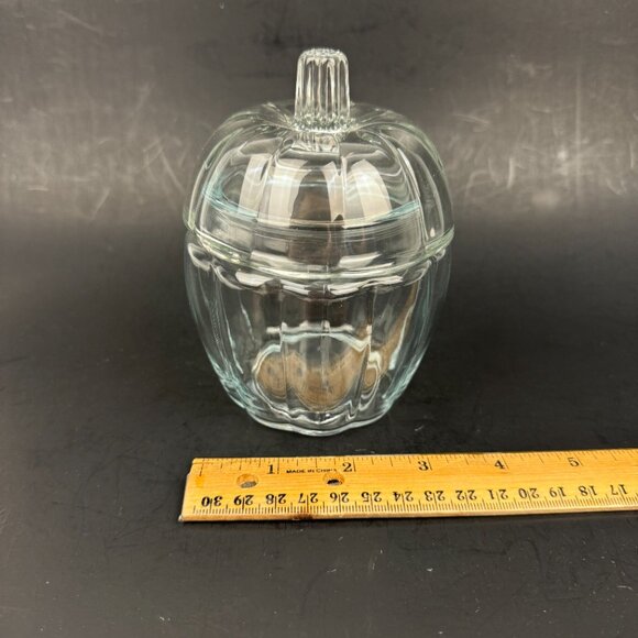 Vtg Small Pumpkin Shape Clear Glass Ribbed Candy Dish Bowl w Lid 5.5 inch Tall - Picture 1 of 11